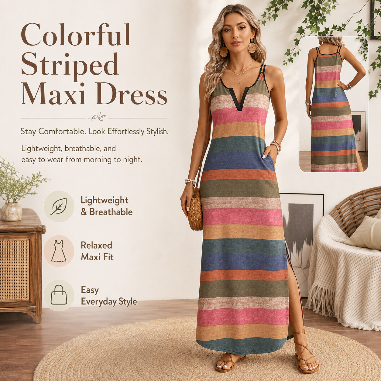 👗Colorful Striped Maxi Dress