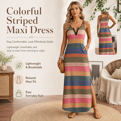 👗Colorful Striped Maxi Dress