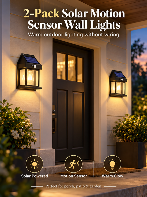 ☀️ 2-Pack Solar Motion Sensor Wall Lights | Warm Glow Outdoor Lanterns 🏡