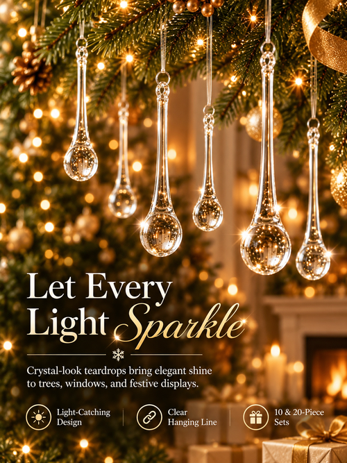 🎄 Christmas Crystal-Look Teardrop Ornaments – Sparkling Hanging Decorations for Christmas Trees & Holiday Decor