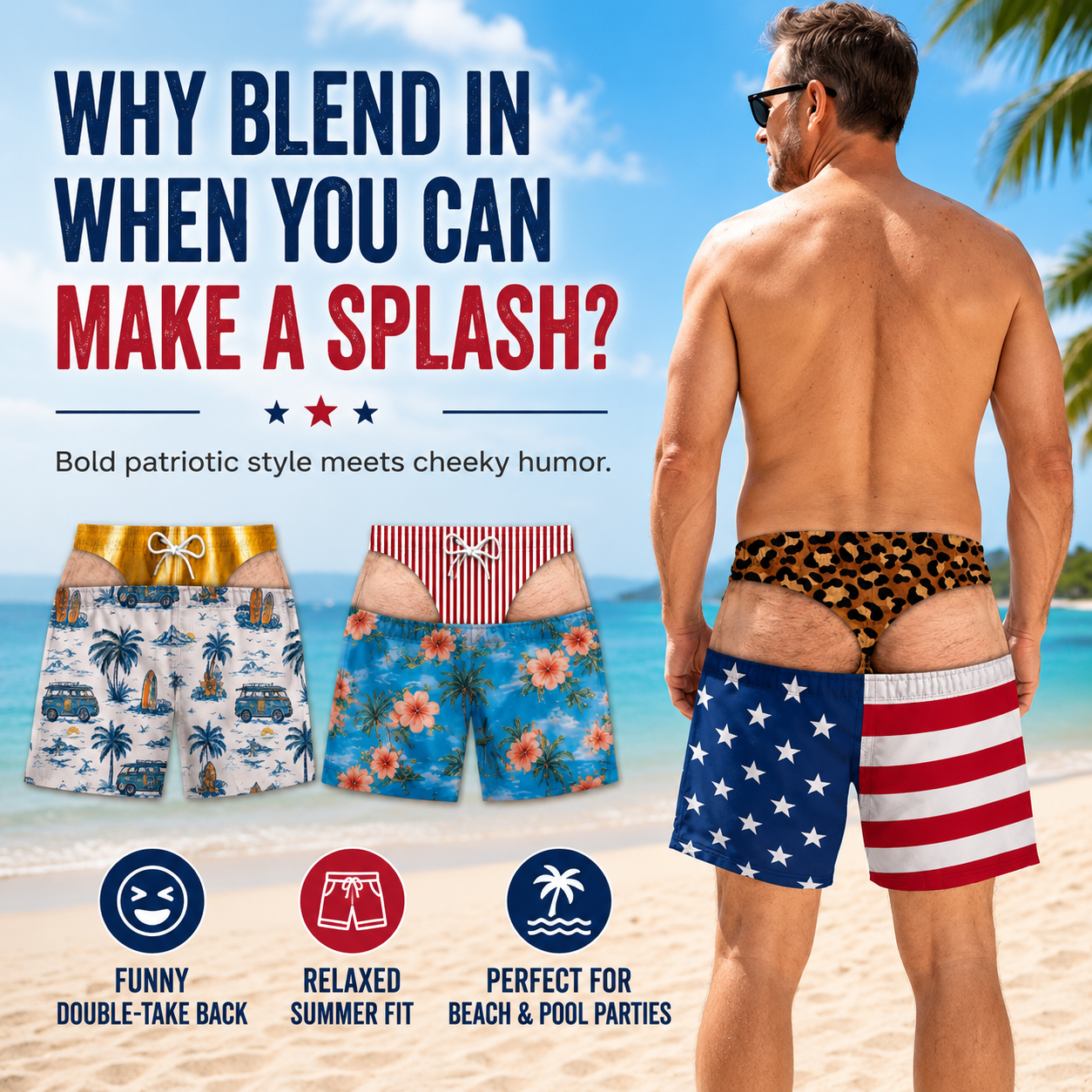 😂Funny Patriotic Men’s Swim Trunks
