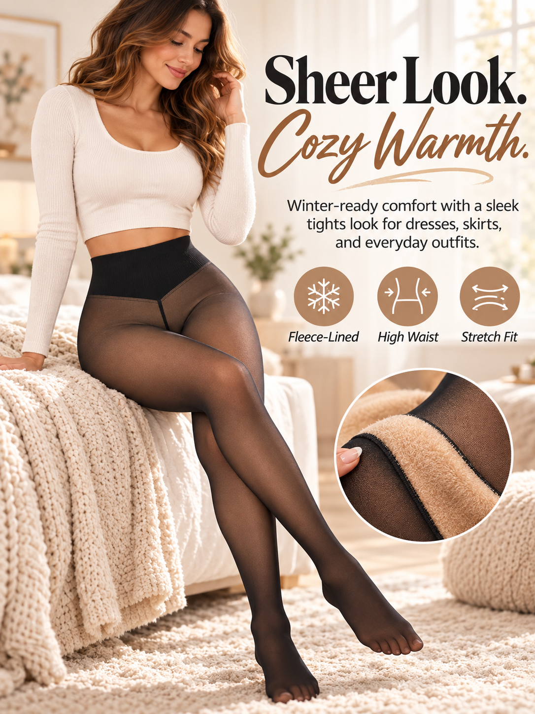 Sheer-Look Fleece-Lined High-Waist Tights for Winter
