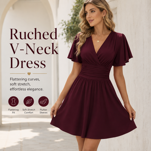 👗 Ruched V-Neck Flutter Sleeve Dre