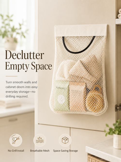 🧺 No-Drill Hanging Mesh Organizer – Self-Adhesive Space-Saving Storage Pouch