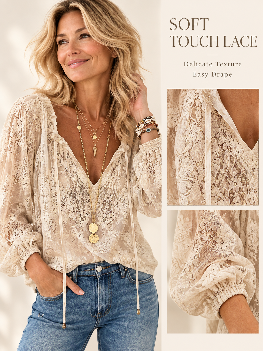 🌷Elegant Lace Drawstring Blouse – Feminine V-Neck & Relaxed Fit