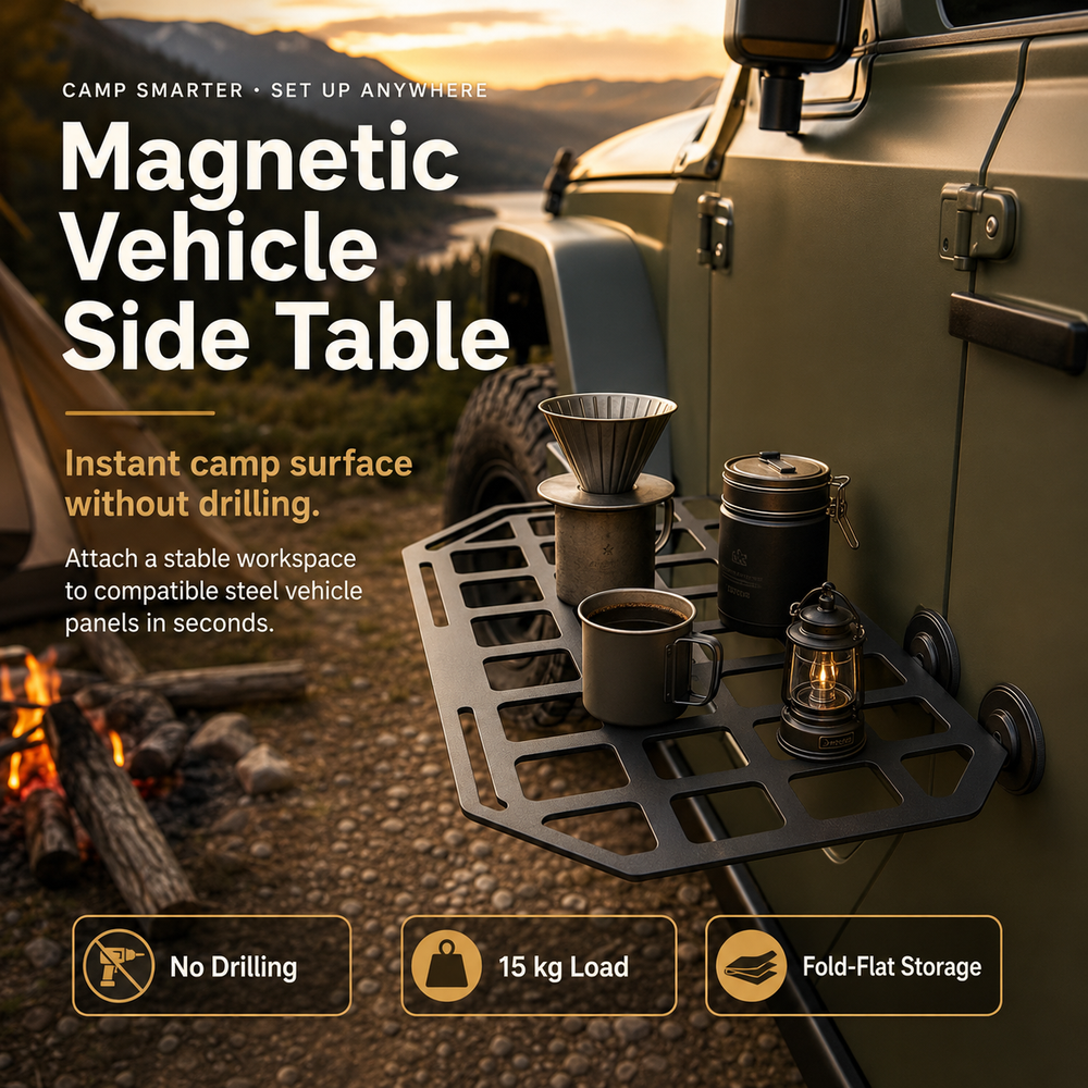 Rugged Magnetic Vehicle Table | Portable Camping Table with Mesh Surface