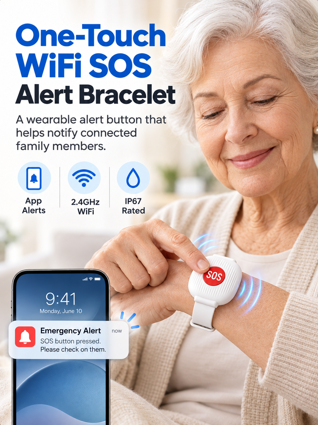 🚨 One-Touch WiFi SOS Alert Bracelet – Instant Family App Notifications, IP67 Water Resistance & Rechargeable Design