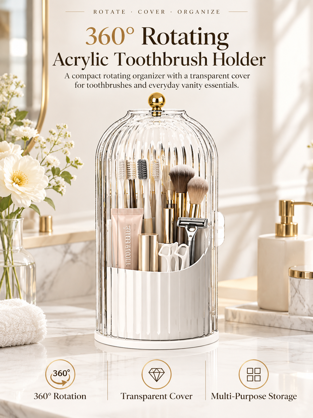 💄 360° Rotating Makeup Brush Organizer – Dustproof Covered Cosmetic Storage Holder