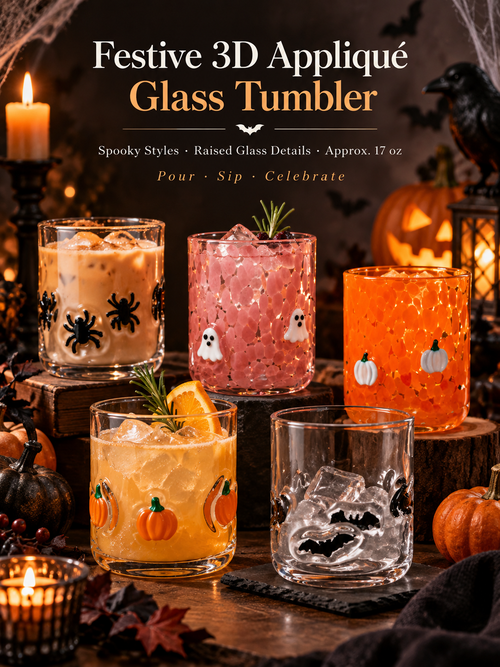 🎃 Festive 3D Appliqué Glass Tumbler – Halloween & Christmas Holiday Drinkware