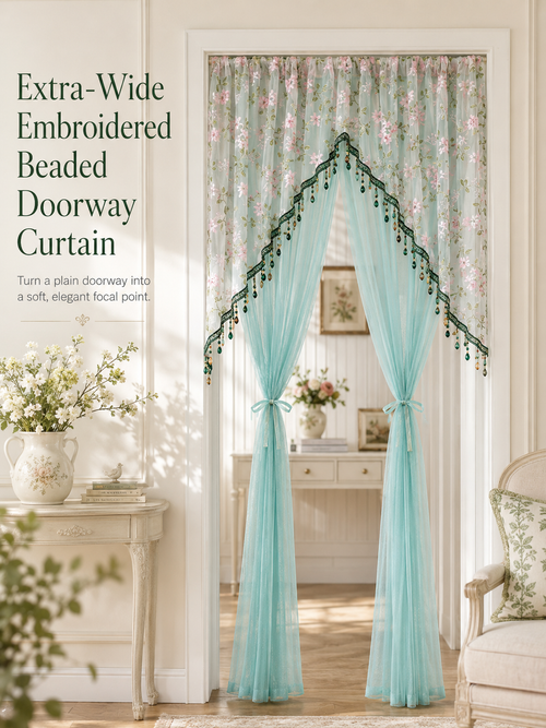 🌸 Extra-Wide Embroidered Beaded Doorway Curtain