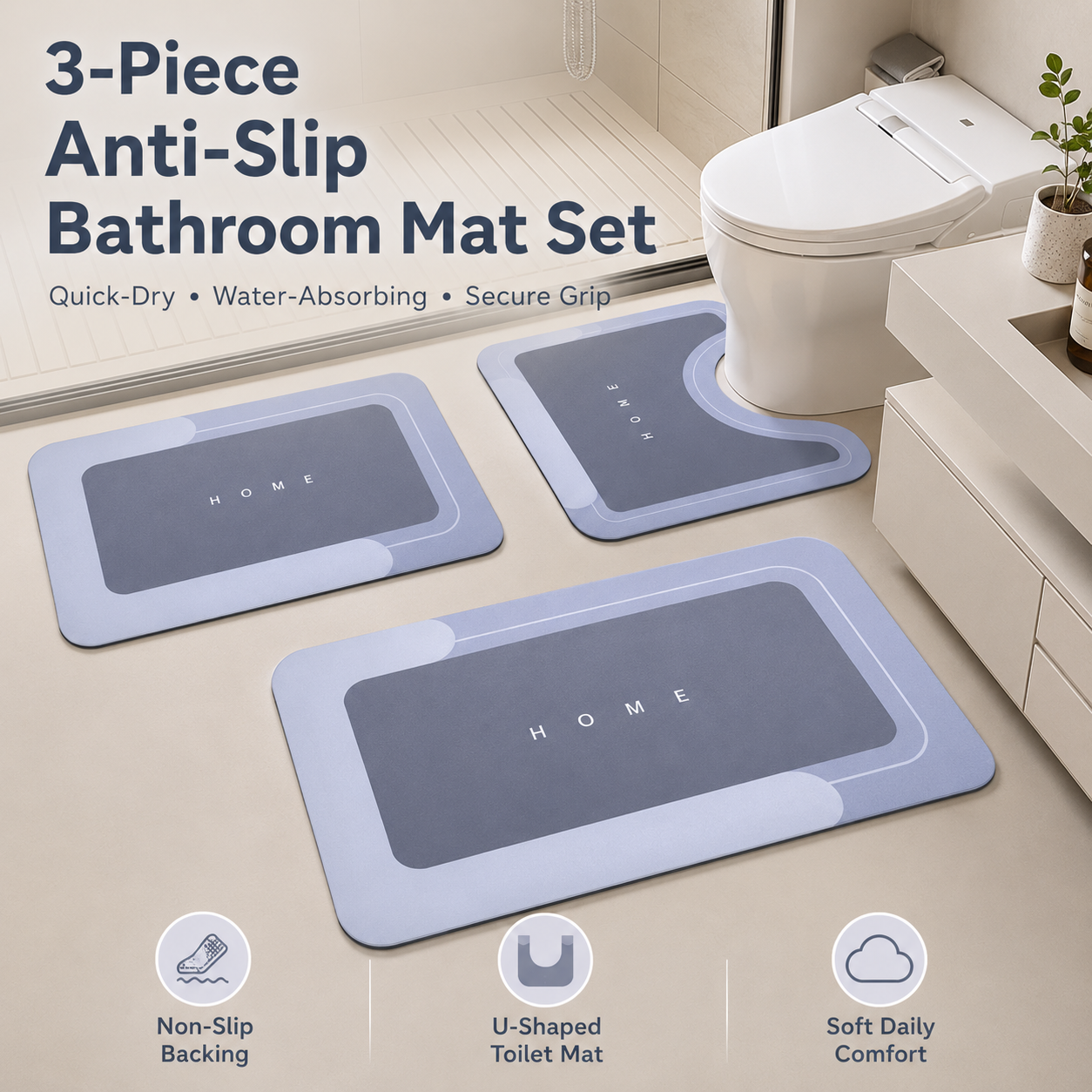 🛁 3-Piece Anti-Slip Bathroom Mat Set
