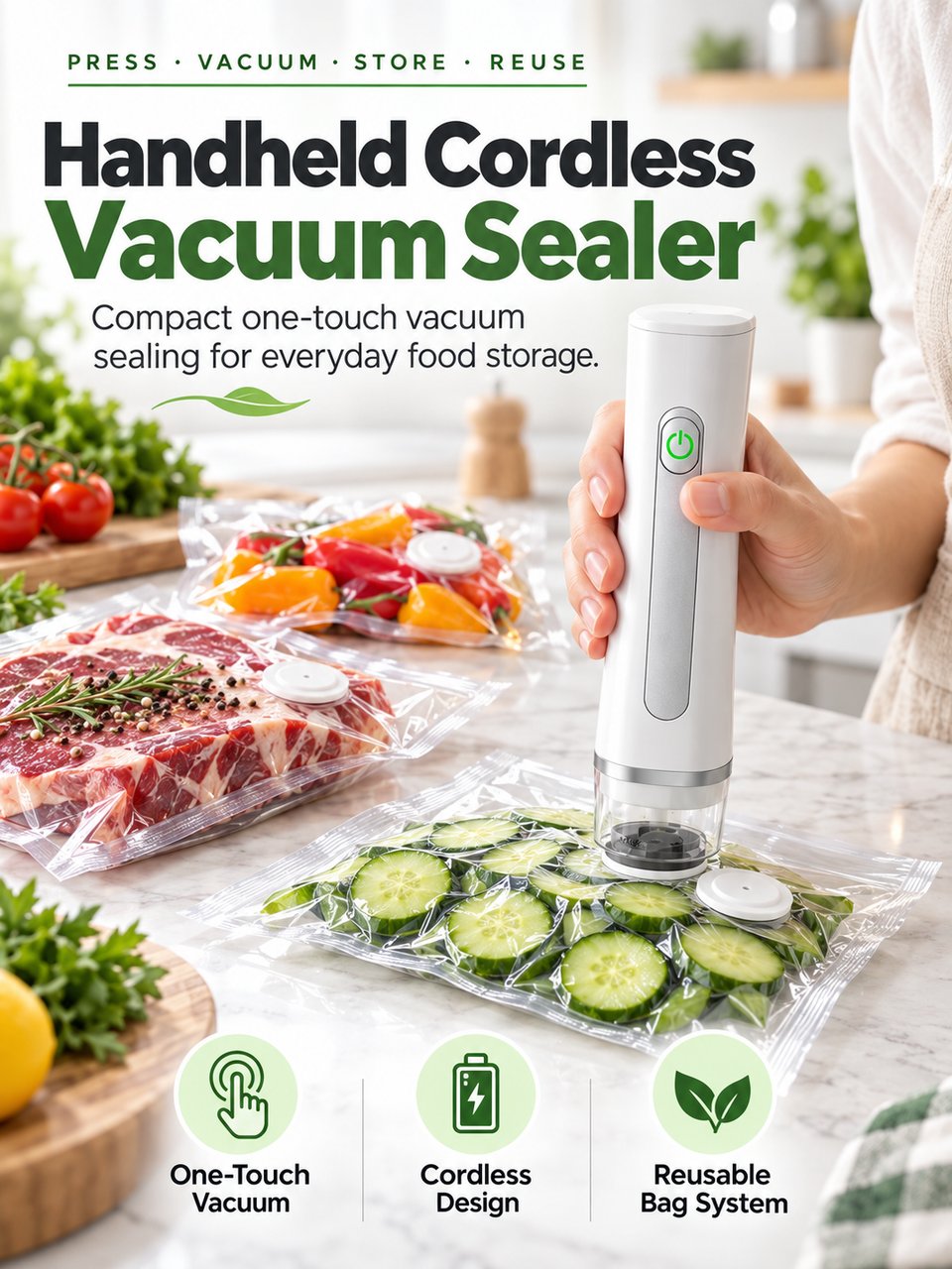 Cordless Vacuum Sealer & Reusable Vacuum Bags