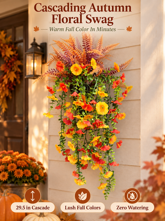 🍂 Cascading Autumn Floral Swag – Lush Fall Porch & Entryway Hanging Décor