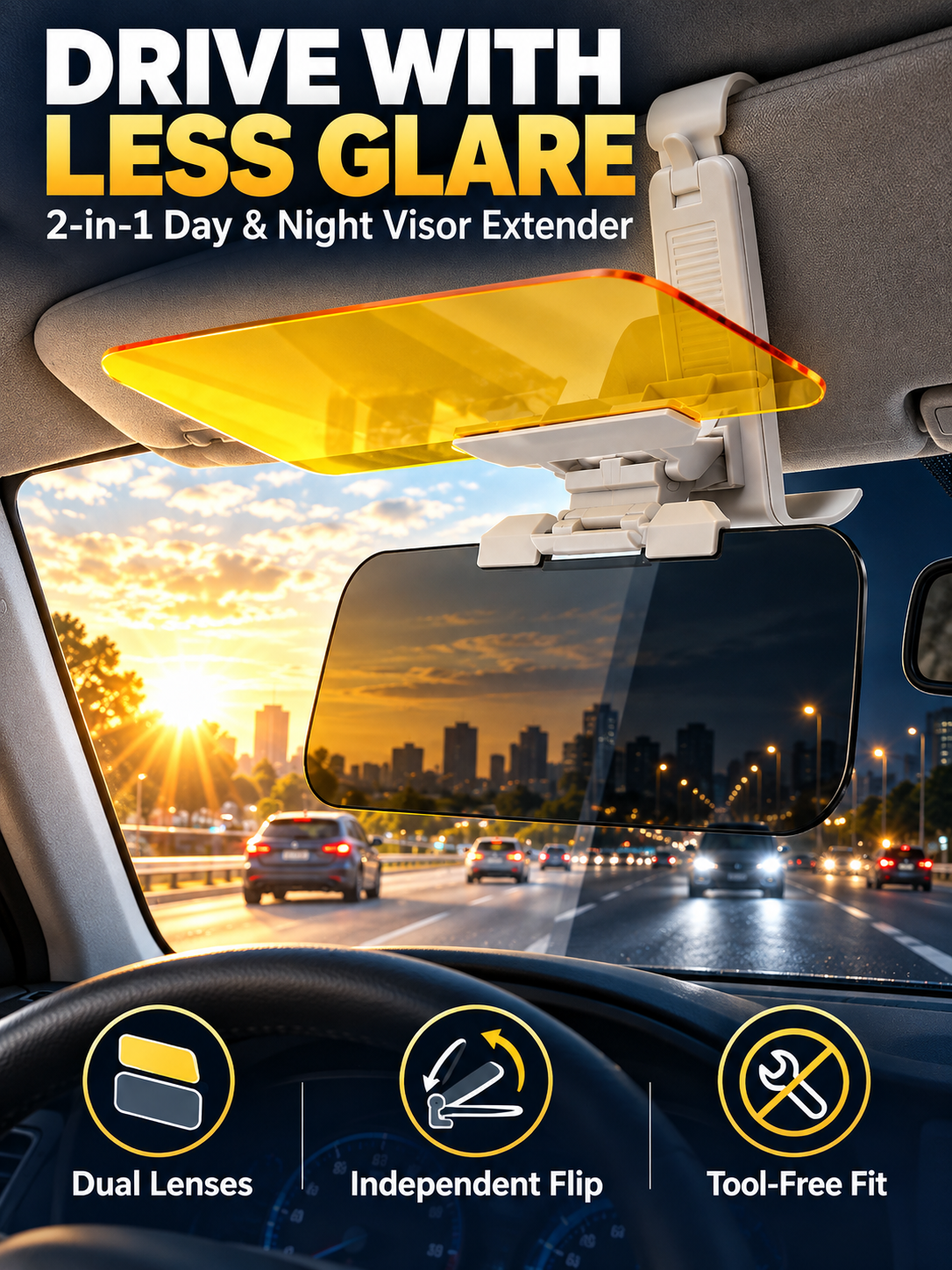 ☀️ 2-in-1 Day & Night Anti-Glare Car Visor Extender – Adjustable Dual-Lens Driving Shield