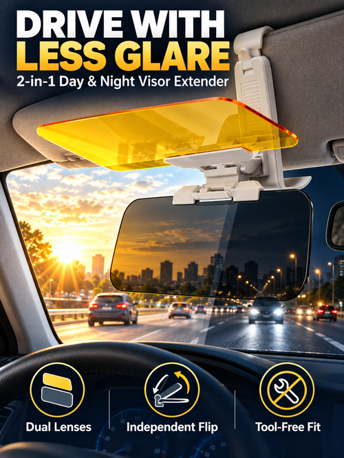 ☀️ 2-in-1 Day & Night Anti-Glare Car Visor Extender – Adjustable Dual-Lens Driving Shield