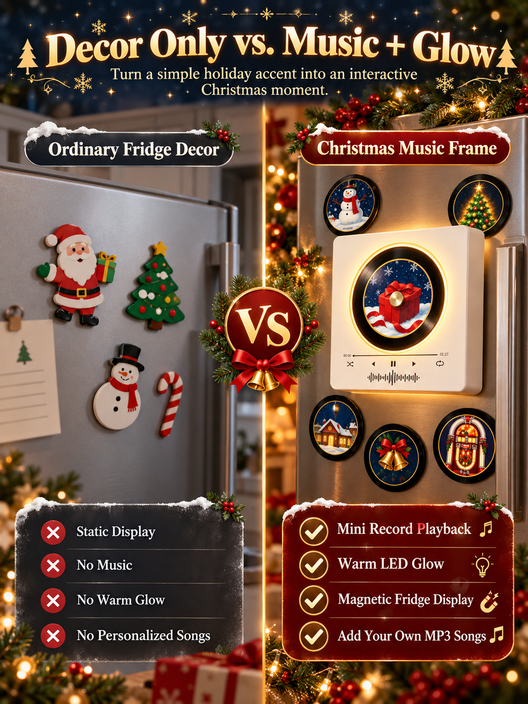 🎄 Christmas Mini Vinyl Music Player – Magnetic Fridge Frame with 9 Records