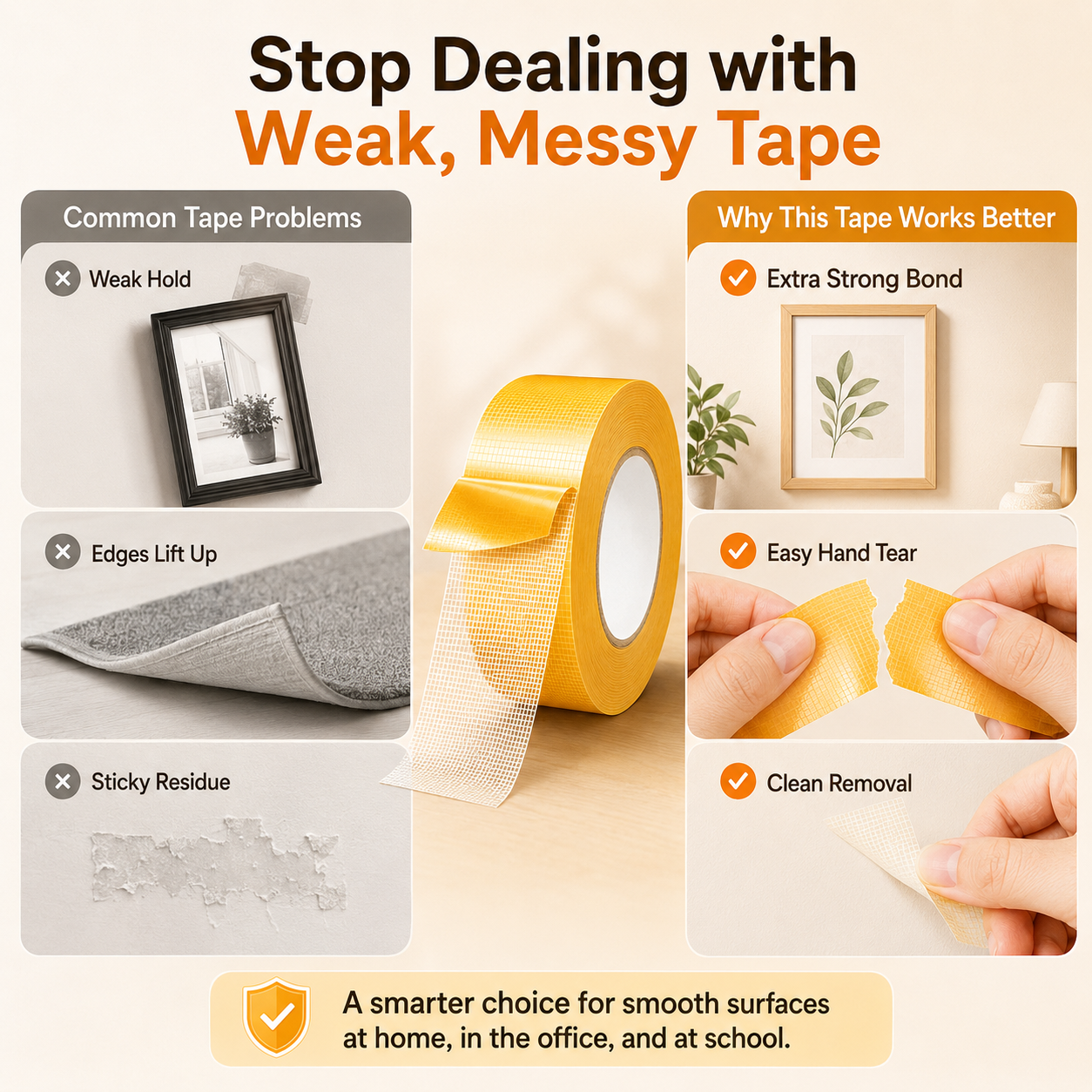 Heavy Duty Double Sided, Strong Adhesive PET Tape, Removable No Residue