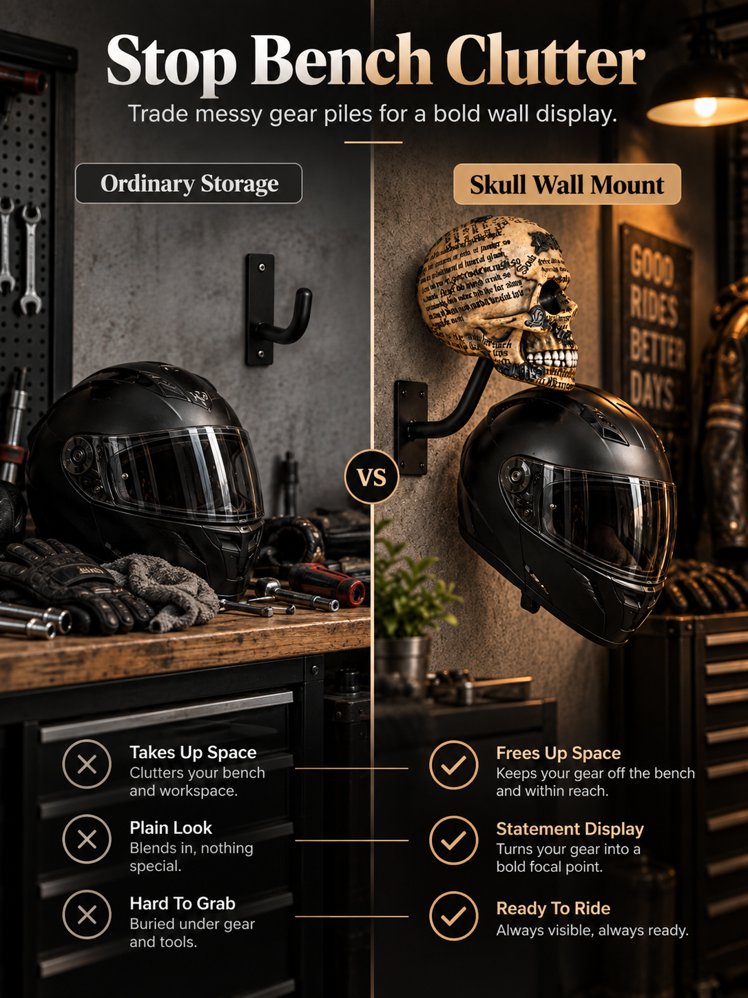 💀 Motorcycle Skull Helmet Holder – Garage Display Wall Mount