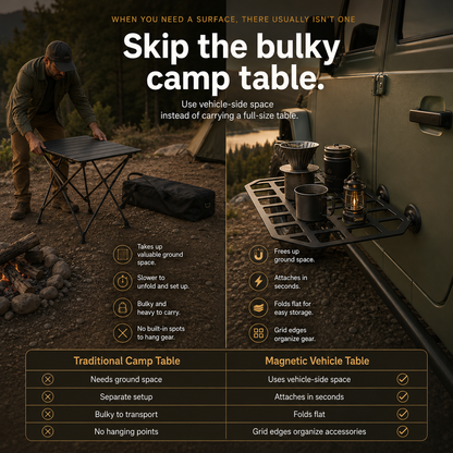 Rugged Magnetic Vehicle Table | Portable Camping Table with Mesh Surface