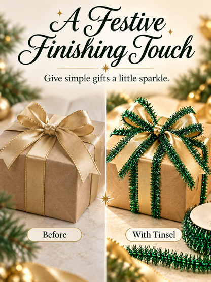 ✨ Metallic Tinsel Trim – Sparkling Decoration for Gift Wrapping & Holiday Crafts