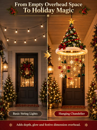 🎄 Lighted Christmas Hanging Chandelier – Tree & Santa Hat Holiday Décor