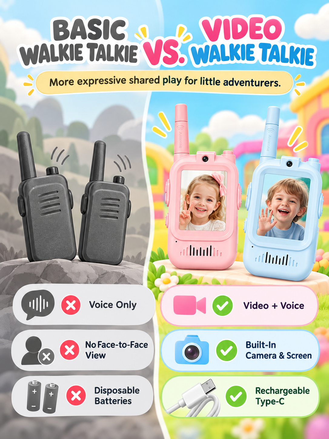 🌈Kids Video Walkie Talkie Set (2-Pack) – Intercom with Camera & Screen
