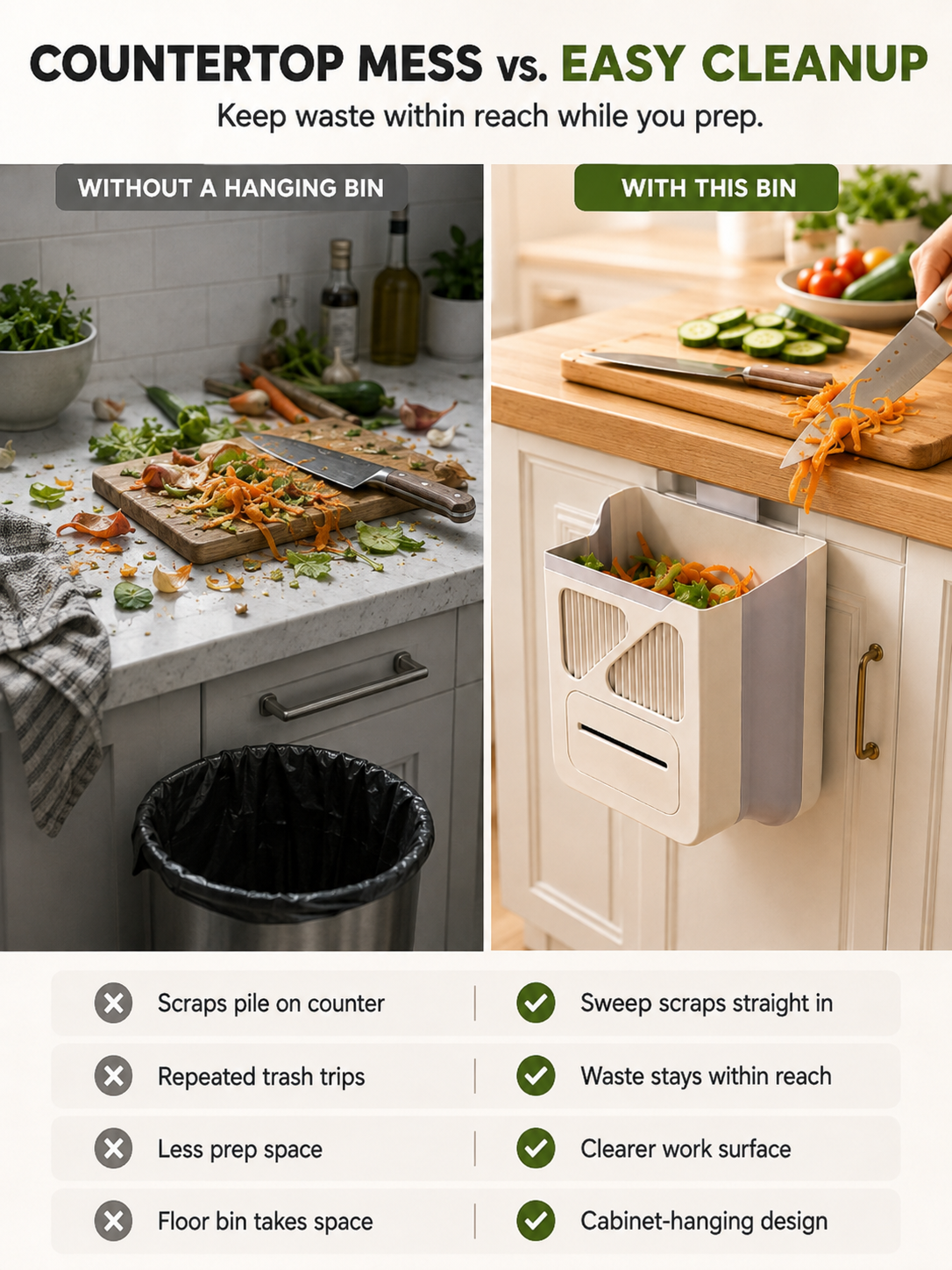 🥕 Hanging Kitchen Trash Bin – Cleaner Countertop Scrap Bin