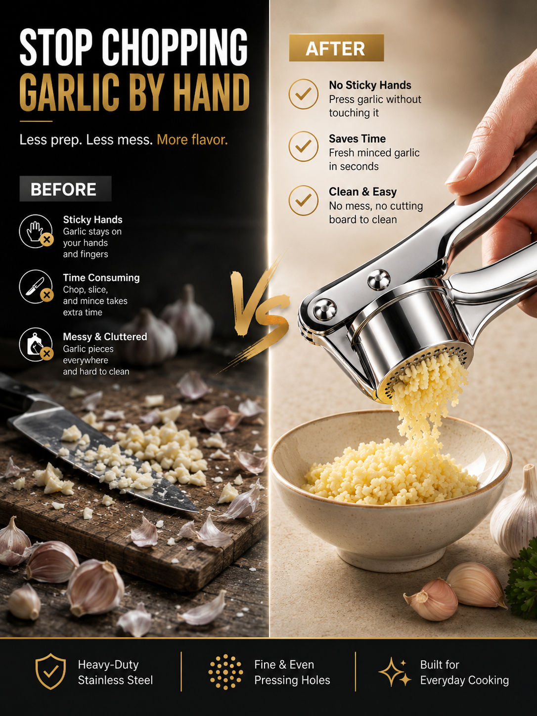 🧄 Heavy-Duty Stainless Steel Garlic Press – Fresh Minced Garlic in Seconds