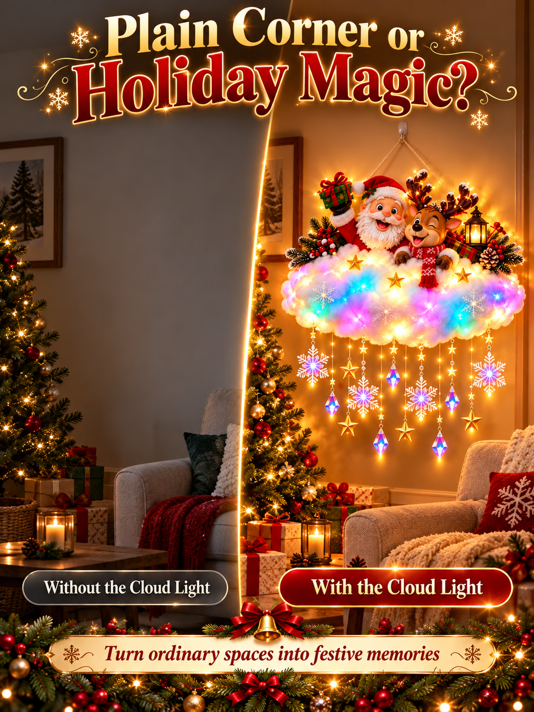 🎄 Angelic Christmas Cloud Light – Magical Santa & Reindeer Hanging Holiday Decoration