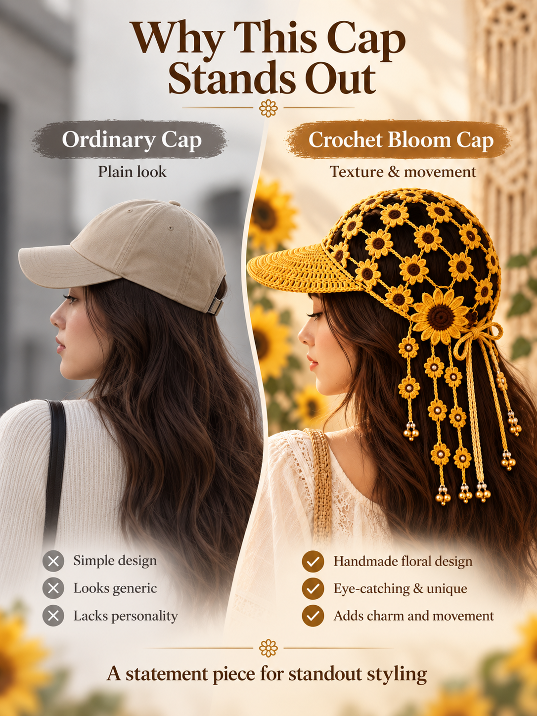 🌻 Handmade-Style Crochet Sunflower Boho Cap – Open-Knit Floral Tassel Baseball Hat