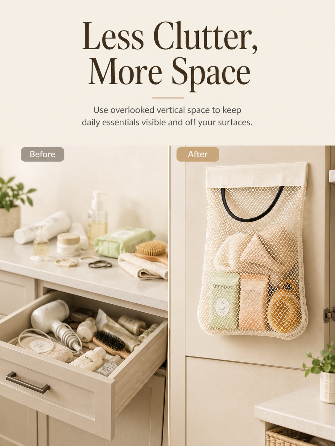 🧺 No-Drill Hanging Mesh Organizer – Self-Adhesive Space-Saving Storage Pouch