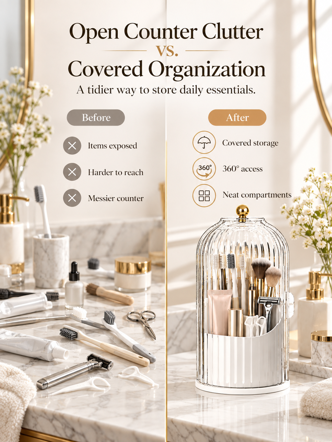 💄 360° Rotating Makeup Brush Organizer – Dustproof Covered Cosmetic Storage Holder
