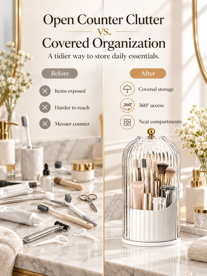 💄 360° Rotating Makeup Brush Organizer – Dustproof Covered Cosmetic Storage Holder