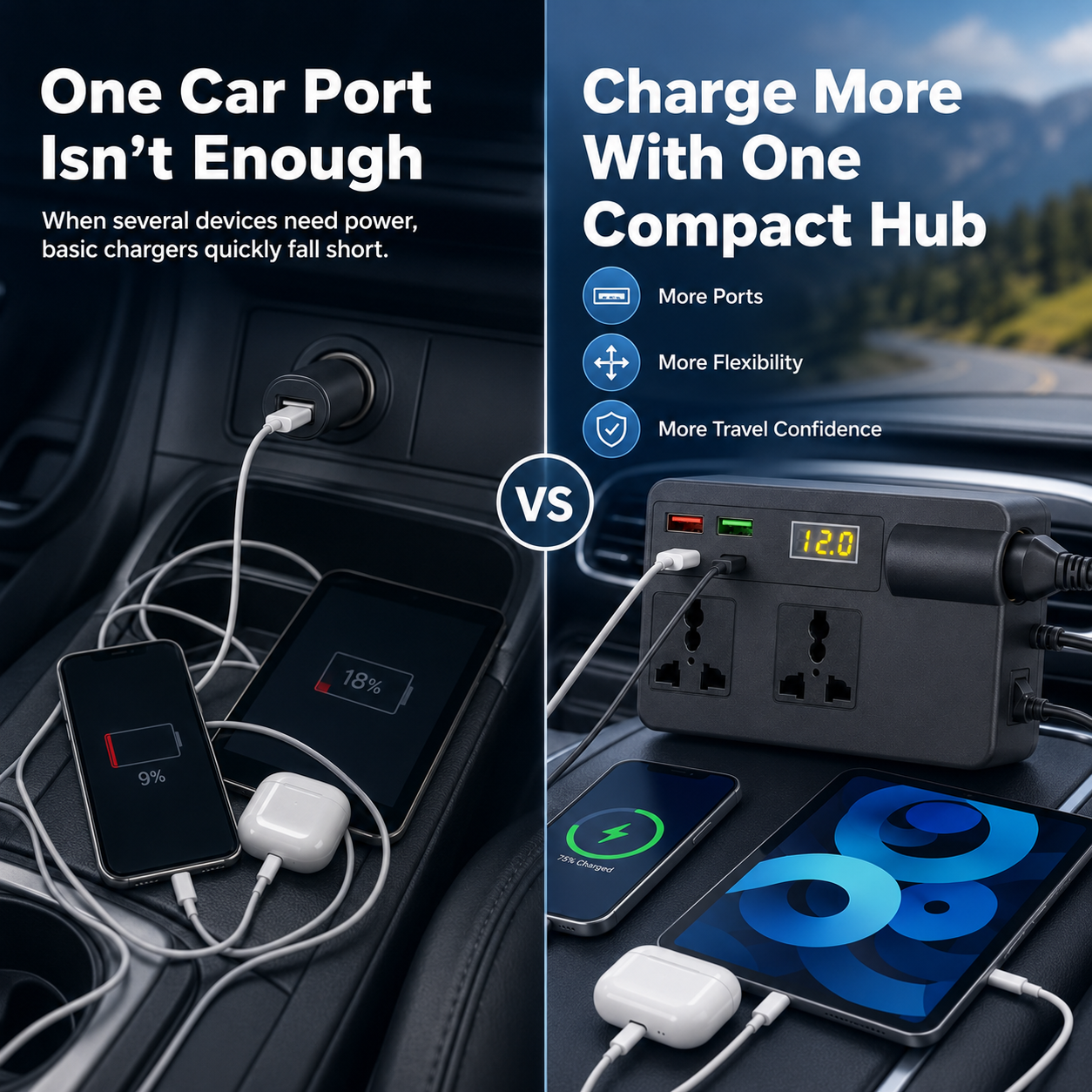 ⚡ Portable Car Power Inverter – Turn Your Vehicle Into a Mobile Power Station | QC3.0 Fast Charging & USB Power Supply
