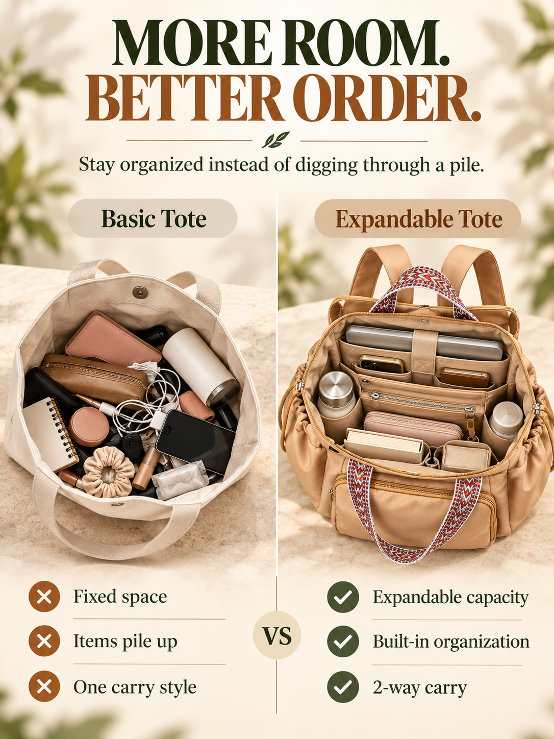 Expandable Tote Bag for Women – Large Capacity Multi-Pocket Work & Travel Bag