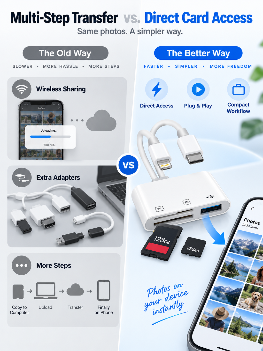 📸 Dual-Cable SD/TF Card Reader & USB OTG Adapter – Type-C Multiport Hub