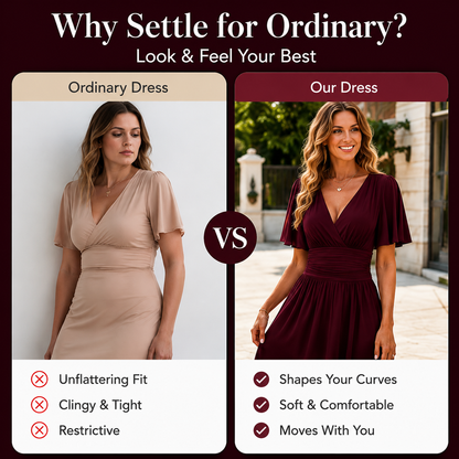Women's Elegant Ruched Mid-Rise Dress - Flattering V-Neck Knit Midi Dress