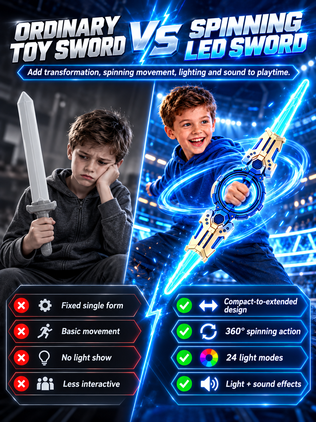 360° Spinning Double-Blade LED Sword | Rechargeable Light-Up Toy