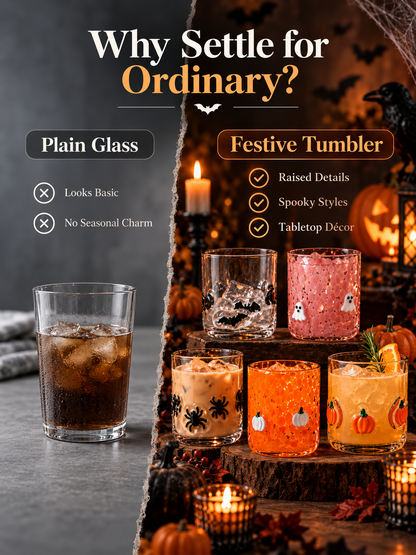 🎃 Festive 3D Appliqué Glass Tumbler – Halloween & Christmas Holiday Drinkware