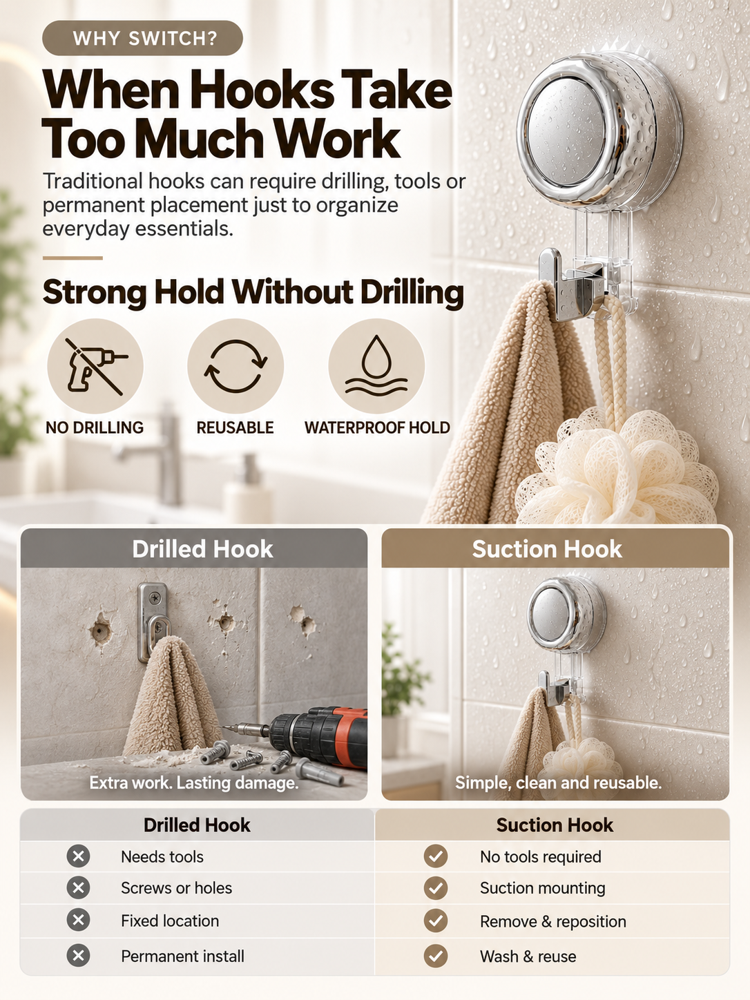 Suction Cup Hooks for Shower | Waterproof No Drill Wall Hooks
