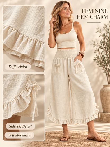 🌿 Plus Size Ruffle-Hem Wide-Leg Pants – Relaxed Vintage Casual Trousers