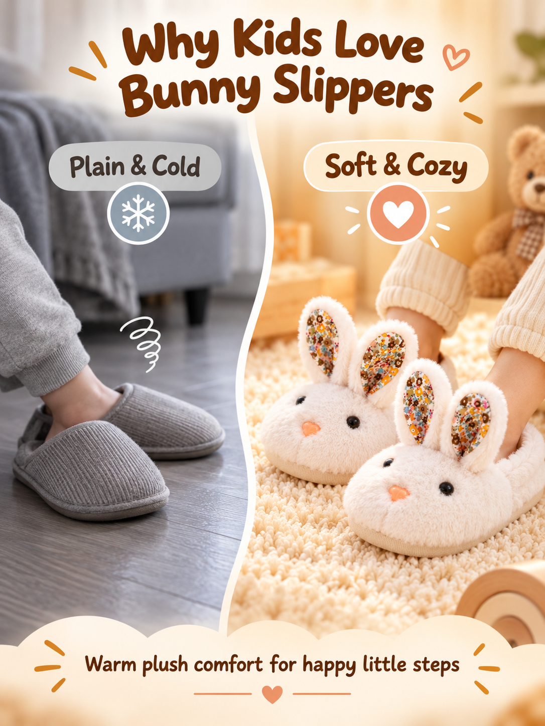 🐰 Cozy 3D Bunny Plush Slippers for Kids – Soft Warm Indoor House Shoes