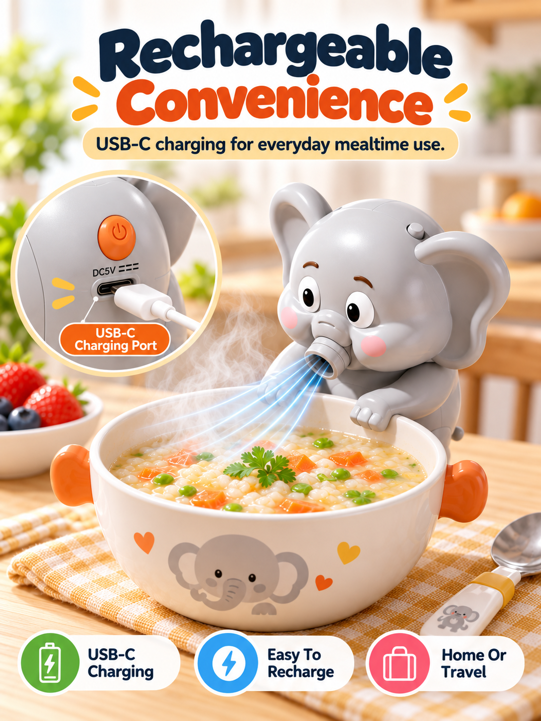 🐘 Hands-Free Food Cooling Fan – Cool Hot Meals Faster Without Blowing