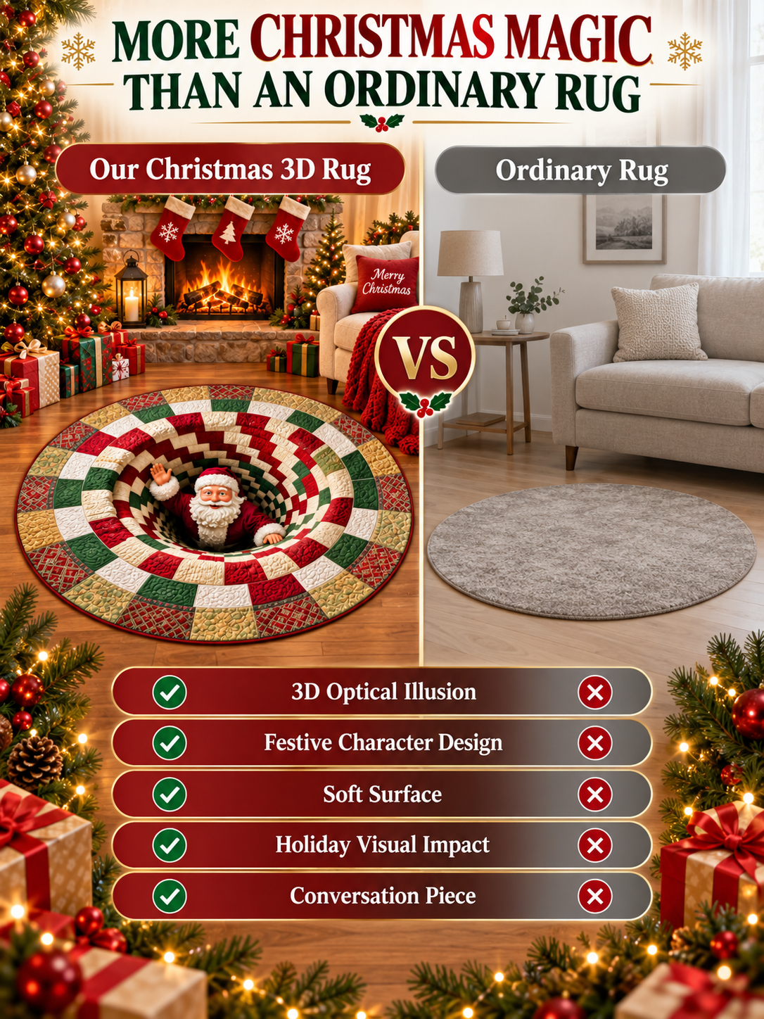🎄 3D Christmas Optical Illusion Round Rug – Festive Crystal Velvet Holiday Floor Mat
