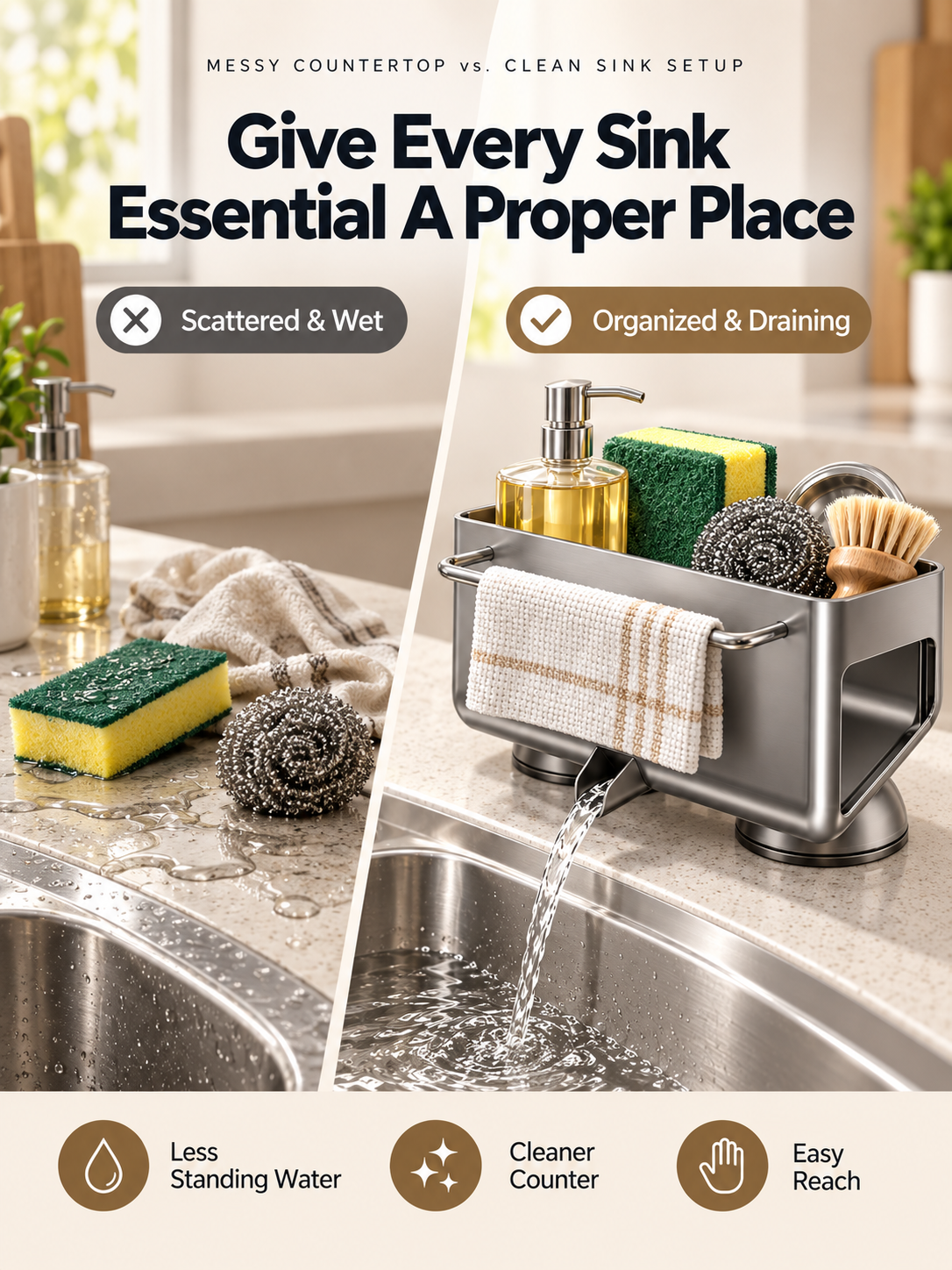 🧽 Auto-Draining Sink Sponge Holder – No-Drill Suction Cup Kitchen Organizer