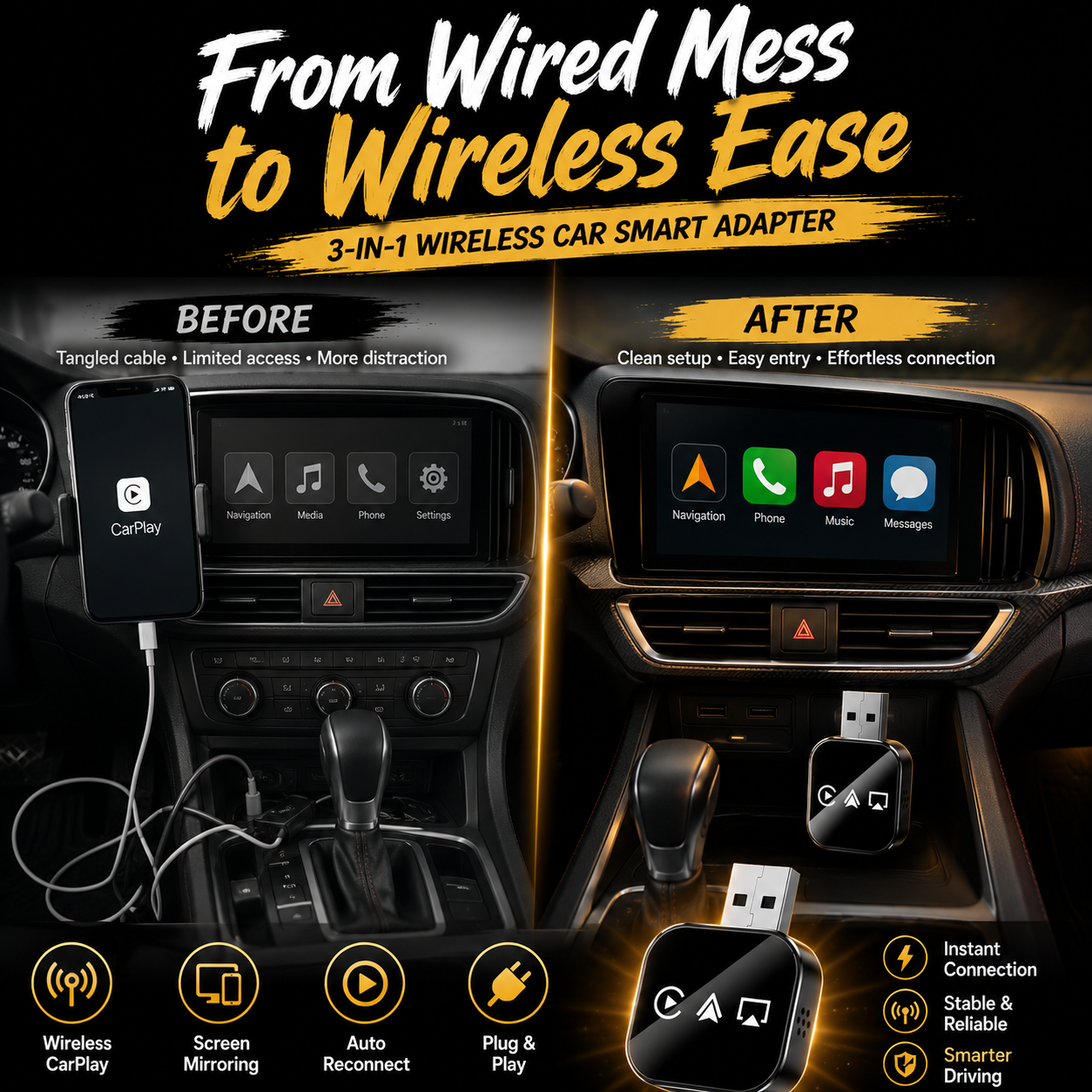 🔥2026 Upgraded 3-in-1 Wireless CarPlay Adapter | Plug & Play Mini AirPlay Mirror Link