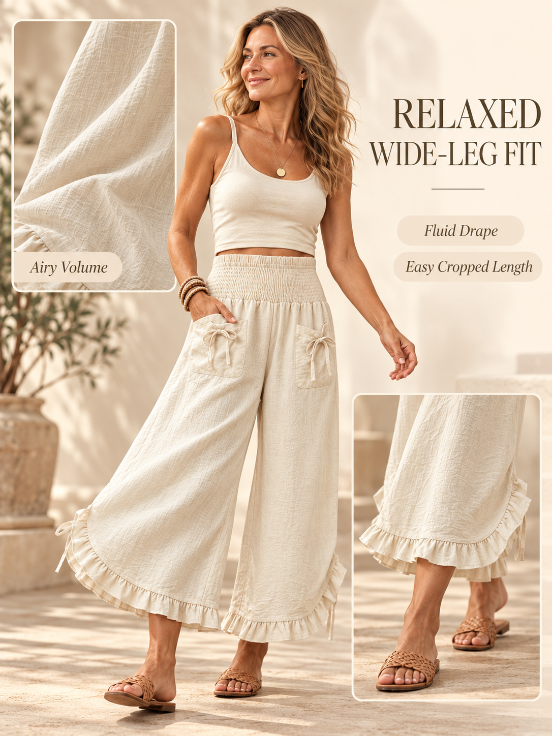 🌿 Plus Size Ruffle-Hem Wide-Leg Pants – Relaxed Vintage Casual Trousers
