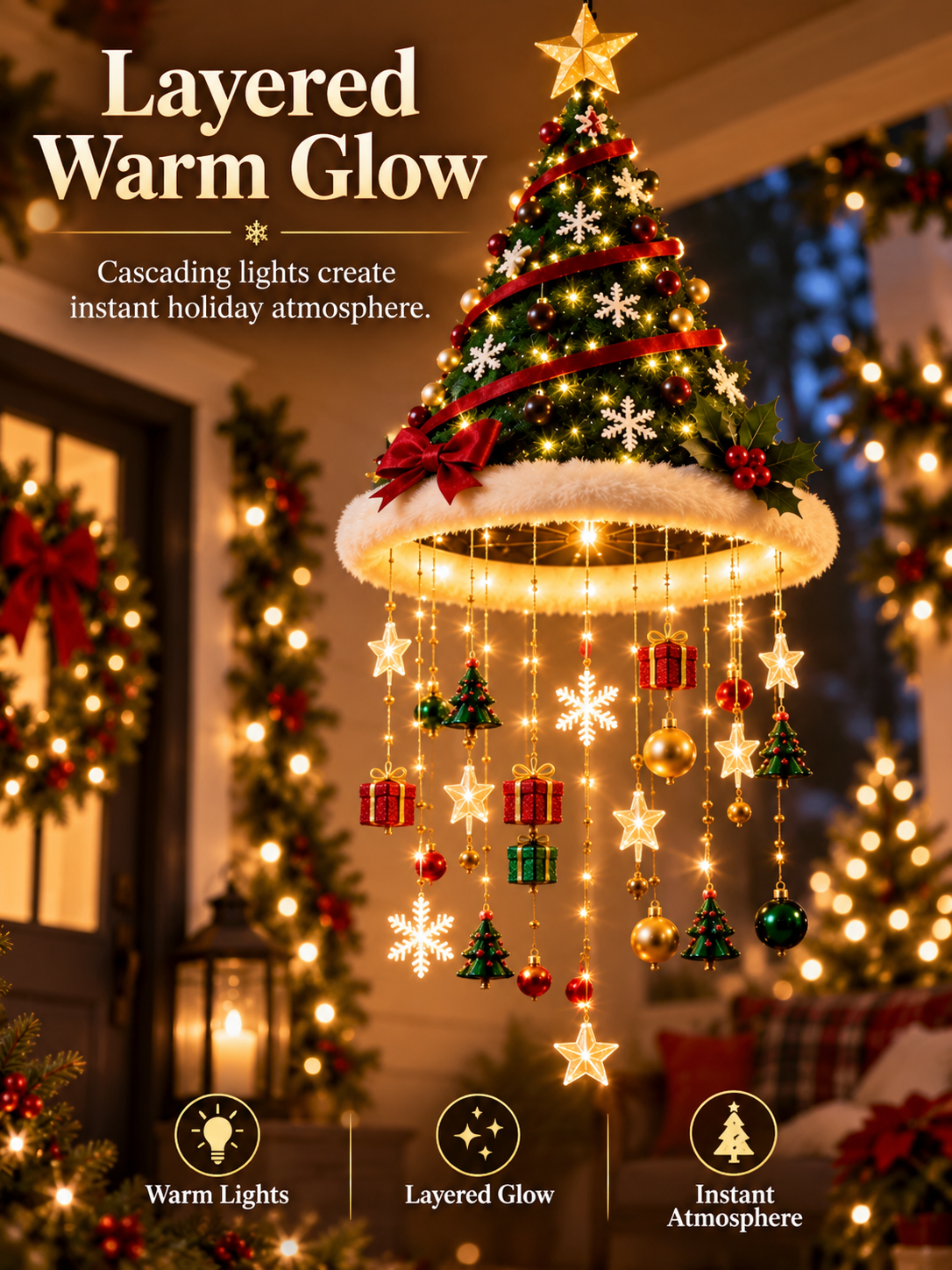 🎄 Lighted Christmas Hanging Chandelier – Tree & Santa Hat Holiday Décor