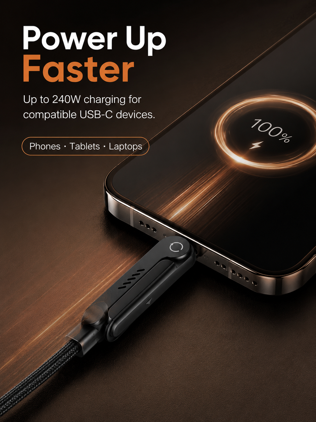 ⚡ 240W USB-C Charging Cable with Phone Stand – 90° Multi-Angle Design