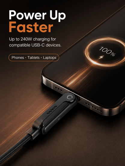 ⚡ 240W USB-C Charging Cable with Phone Stand – 90° Multi-Angle Design